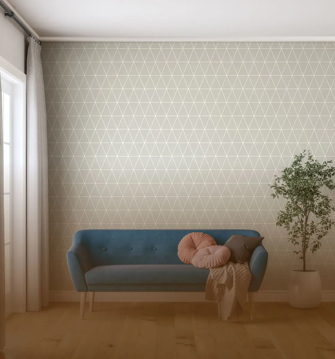 Blue sofa, patterned wall, plant, and pillows.