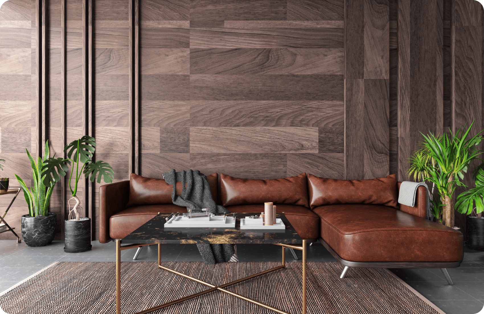 Modern living room with brown leather sofa.