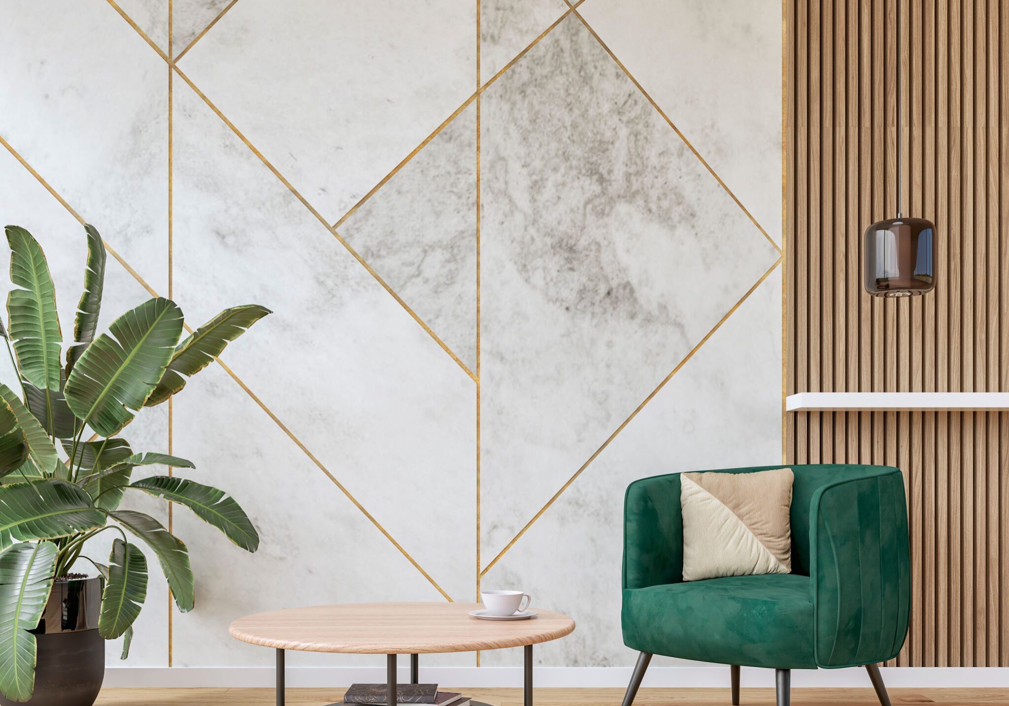 Modern luxury interior / a living or waiting room with a soft green velvet armchair, low coffee table and decoration (pillow, a coffee cup, books) on hardwood floor decorated with a brown glass lamp over a white shelf, and a large potted plant (a strelitzia / bird of paradise plant) in front of a mainly white/grey asymmetric marble tiled wall (with golden joints), partly hardwood paneled wall background with copy space. 3D rendered image.